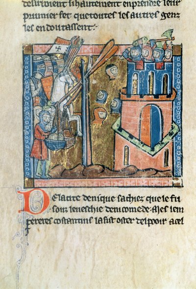 Crusaders bombard Nicaea with heads in 1097, from the Estoire d